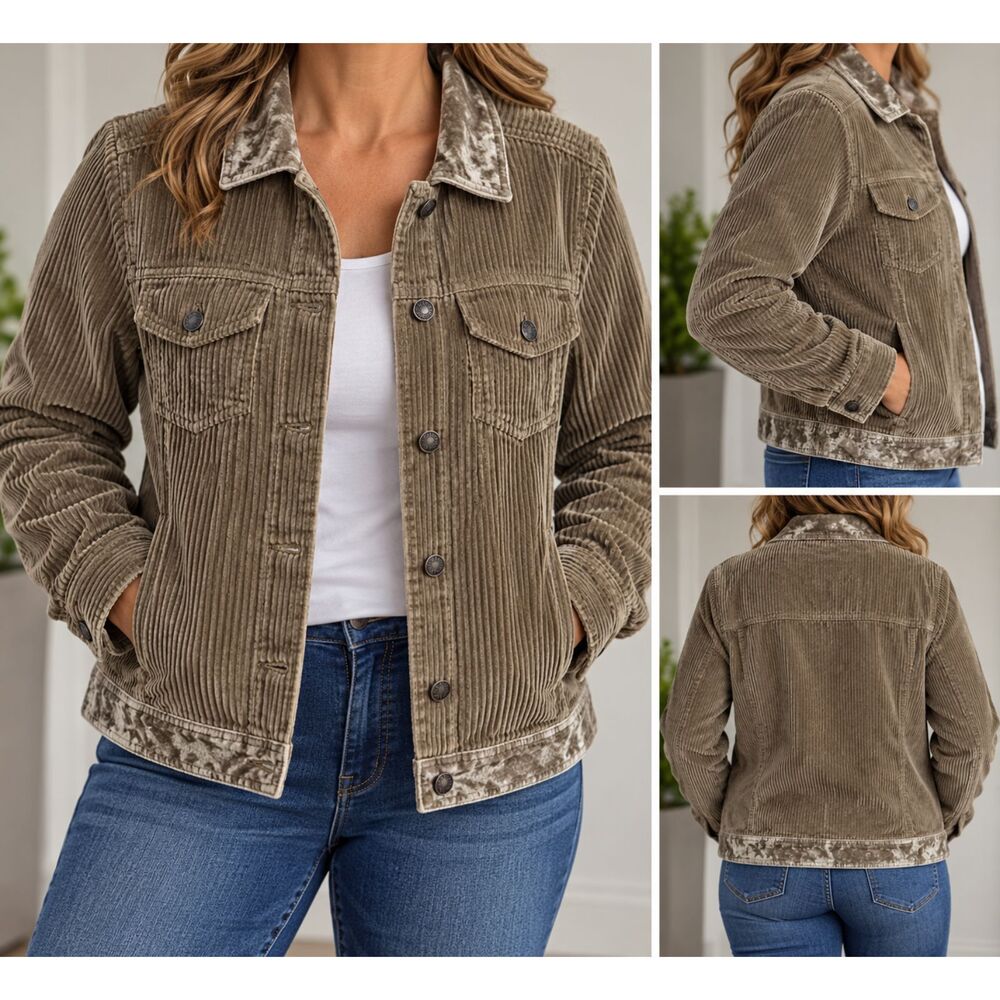 J. Jill Vintage Corduroy Trucker Jacket M Taupe Brown Velvet Trim Wide Wale